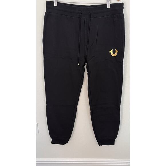 True Religion Gold Tone Horse Shoe Logo Jogger Sweatpants Black Men's Sz XL NWT